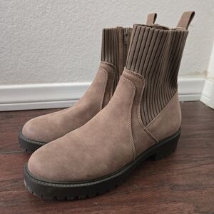 Brown Faux Suede Ribbed Shaft Ankle Boots